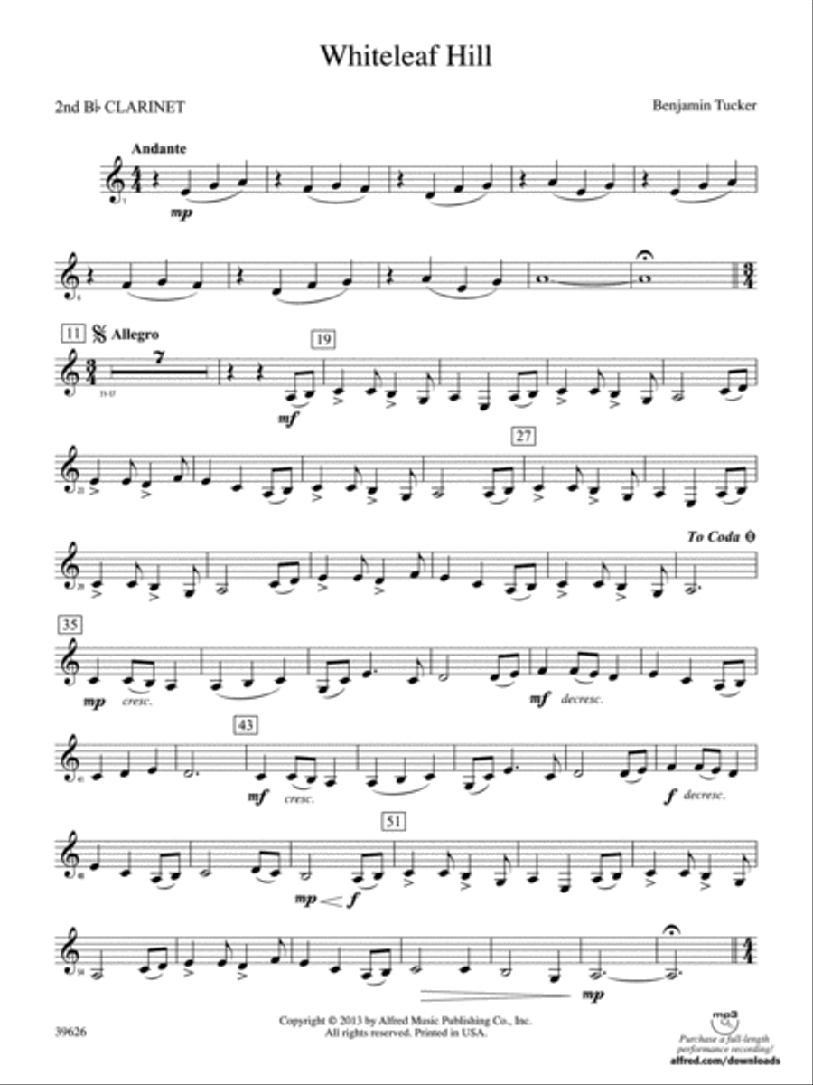Whiteleaf Hill: 2nd B-flat Clarinet Concert Band scores gallery preview page 1