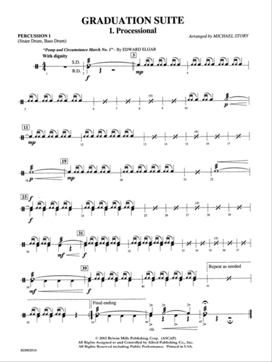 Graduation Suite (Processional: Pomp and Circumstance March No. 1 / Recessional: Rondeau from Premiere Suite): 1st Percussion Concert Band scores gallery preview page 1
