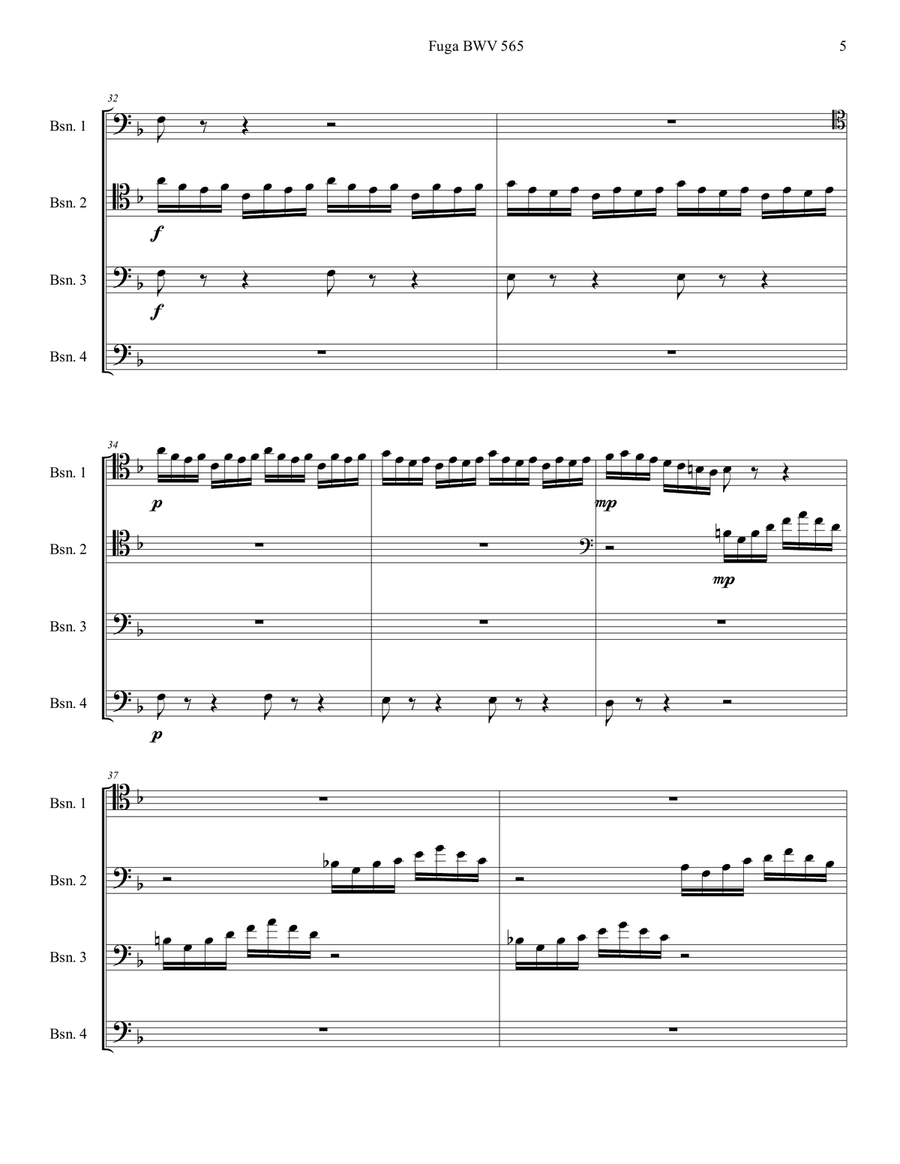 J. S. Bach - Fugue BWV 565 for bassoon quartet Woodwind Quartet scores gallery preview page 6