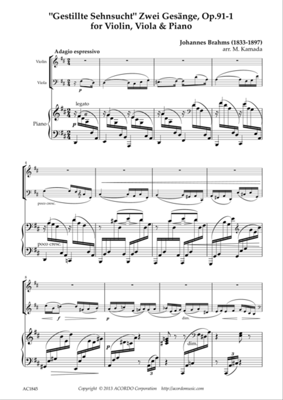 'Gestillte Sehnsucht' Zwei Gesänge, Op.91-1 for Violin, Viola & Piano Viola scores gallery preview page 1