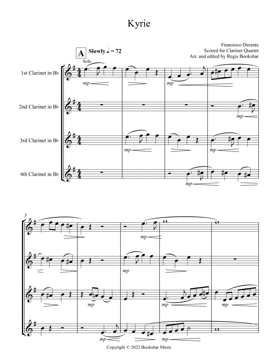 Kyrie (Durante) (Clarinet Quartet) Clarinet Quartet scores gallery preview page 1
