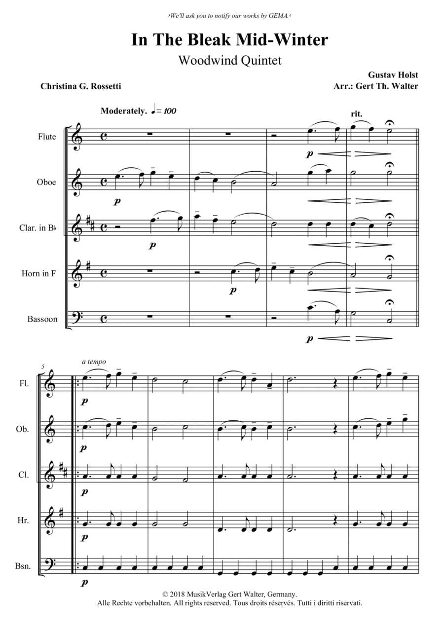 In The Bleak MidWinter by Gustav Holst Woodwind Quintet Digital Sheet Music Sheet Music Plus