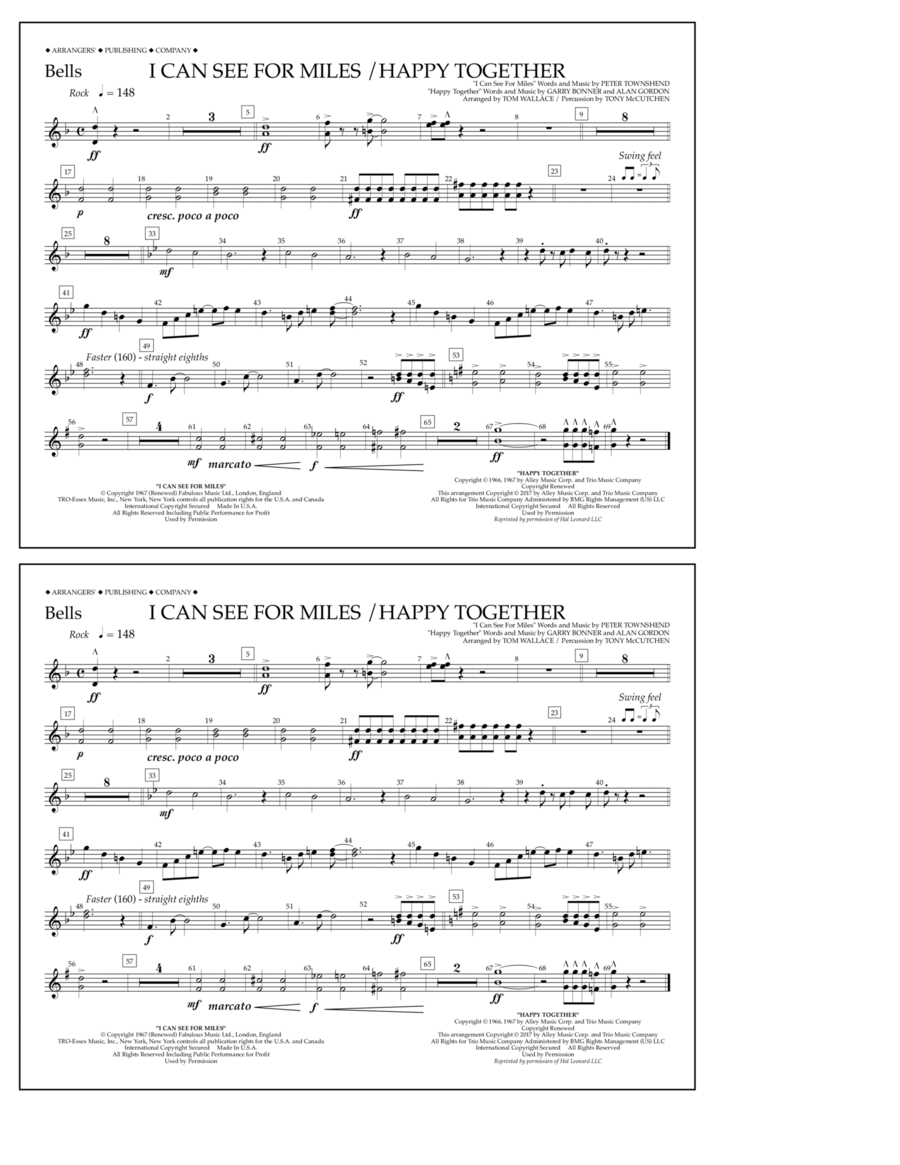 I Can See for Miles/Happy Together - Bells Marching Band scores gallery preview page 1