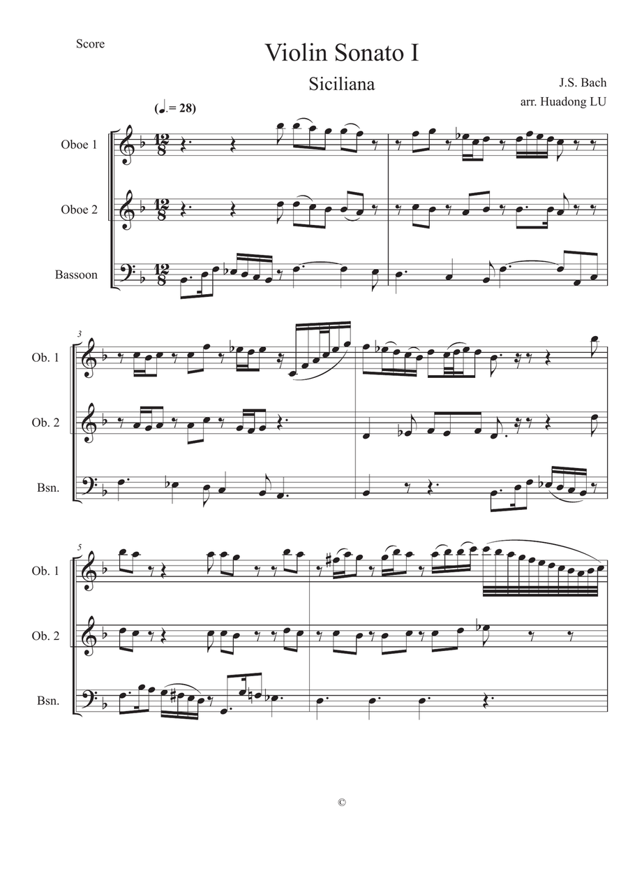Siciliana from Sonata I for Solo Violin arranged for 2 Oboes and 1 Bassoon image number null