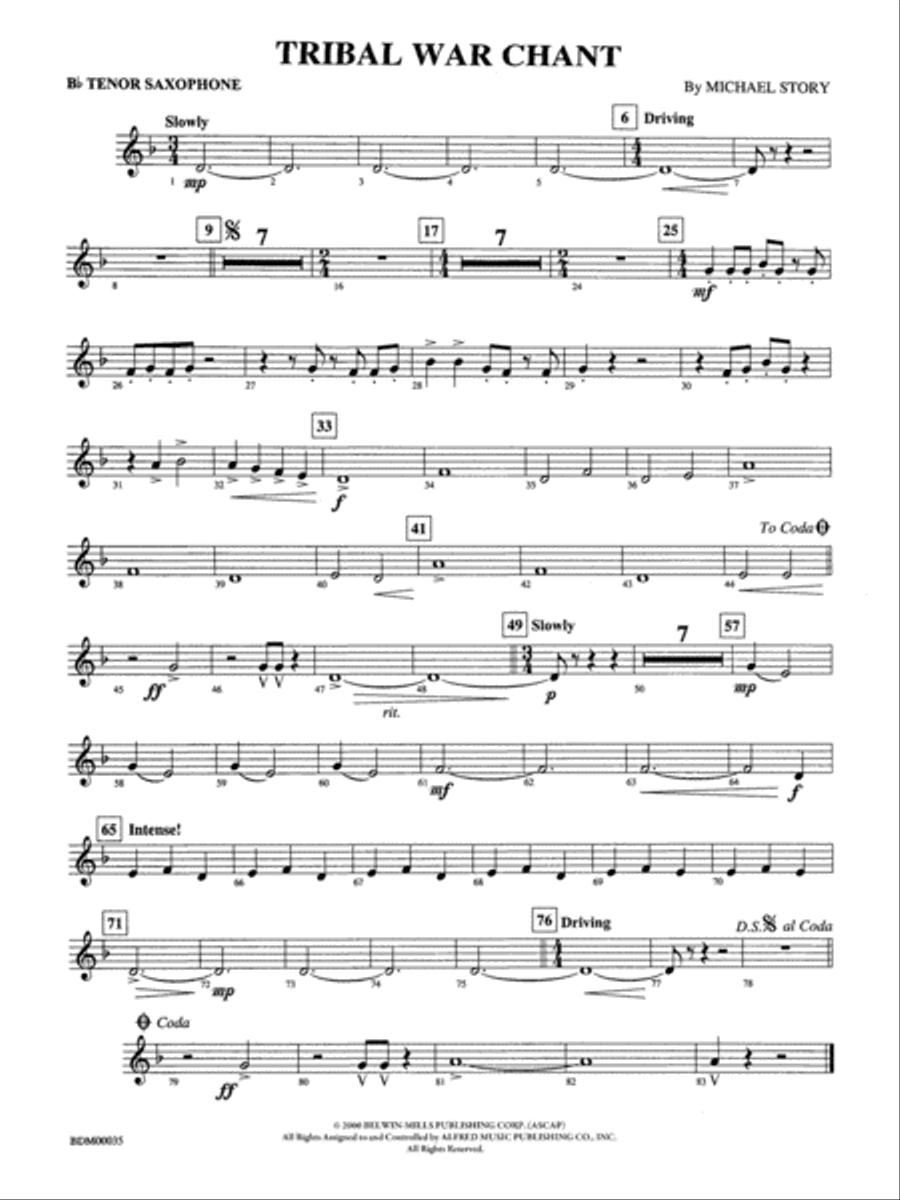 Tribal War Chant: B-flat Tenor Saxophone Concert Band scores gallery preview page 1