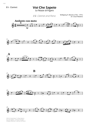 Voi Che Sapete from Le Nozze di Figaro - Bb Clarinet and Piano (Individual Parts)