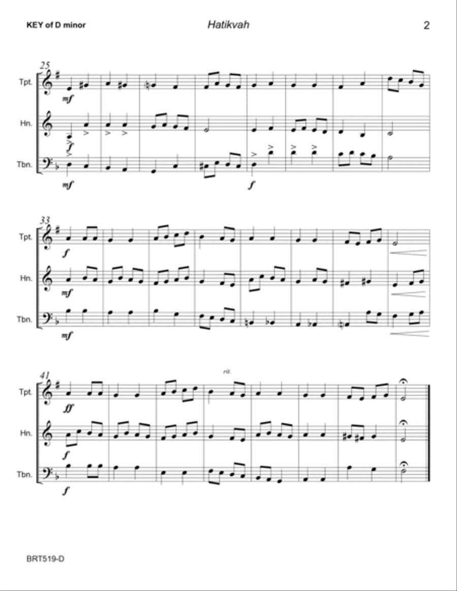 HATIKVAH (National Anthem of Israel) - BRASS TRIO (unaccompanied) Brass Trio scores gallery preview page 2
