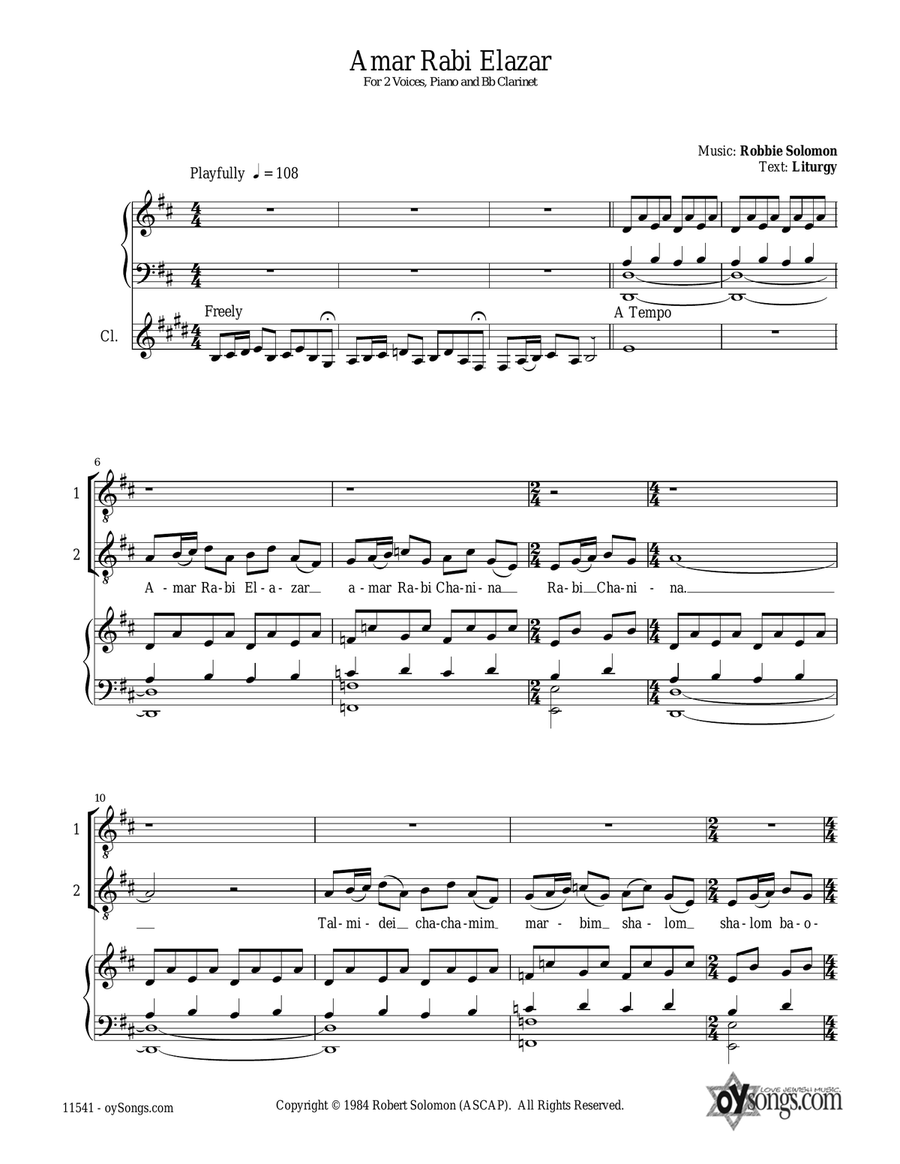 Amar Rabi Elazar Amar Rabi Elazar 2-Part scores gallery preview page 1