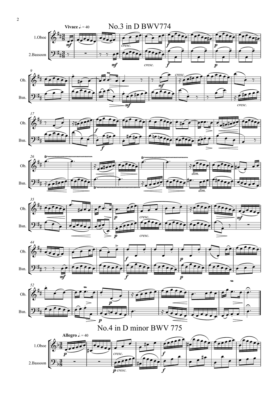 Bach: A Selection of Two Part Inventions( nos. 1,3,4,5,6,13 & 15) - wind duet ( oboe, bassoon) Woodwind Duet scores gallery preview page 2