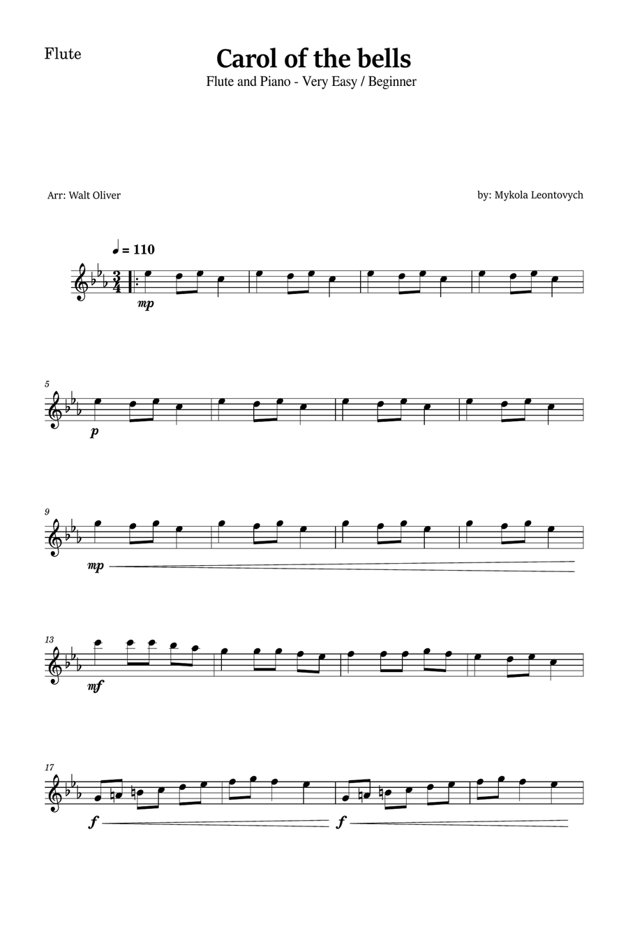 Carol of the Bells for Flute and Piano (Very Easy - Beginner) in C minor - With Chords Flute scores gallery preview page 4