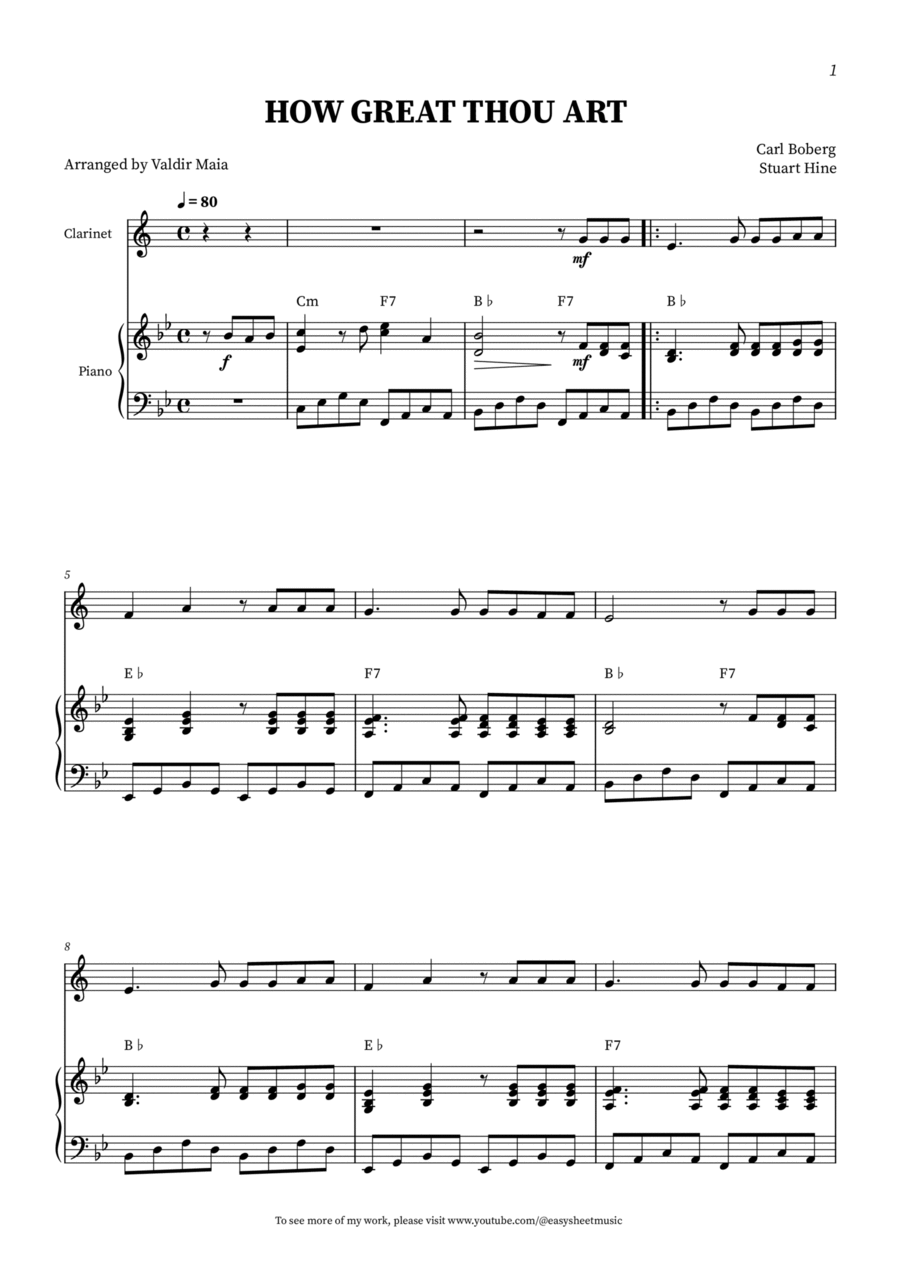 How Great Thou Art - Clarinet with piano accompaniment (+CHORDS) B-Flat Clarinet scores gallery preview page 1