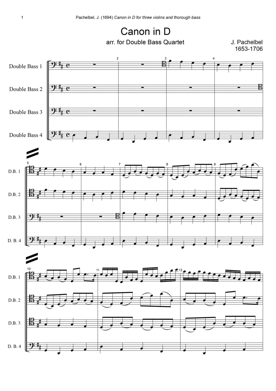 J. Pachelbel - Canon in D-dur, arr. for Double Bass Quartet Double Bass scores gallery preview page 1