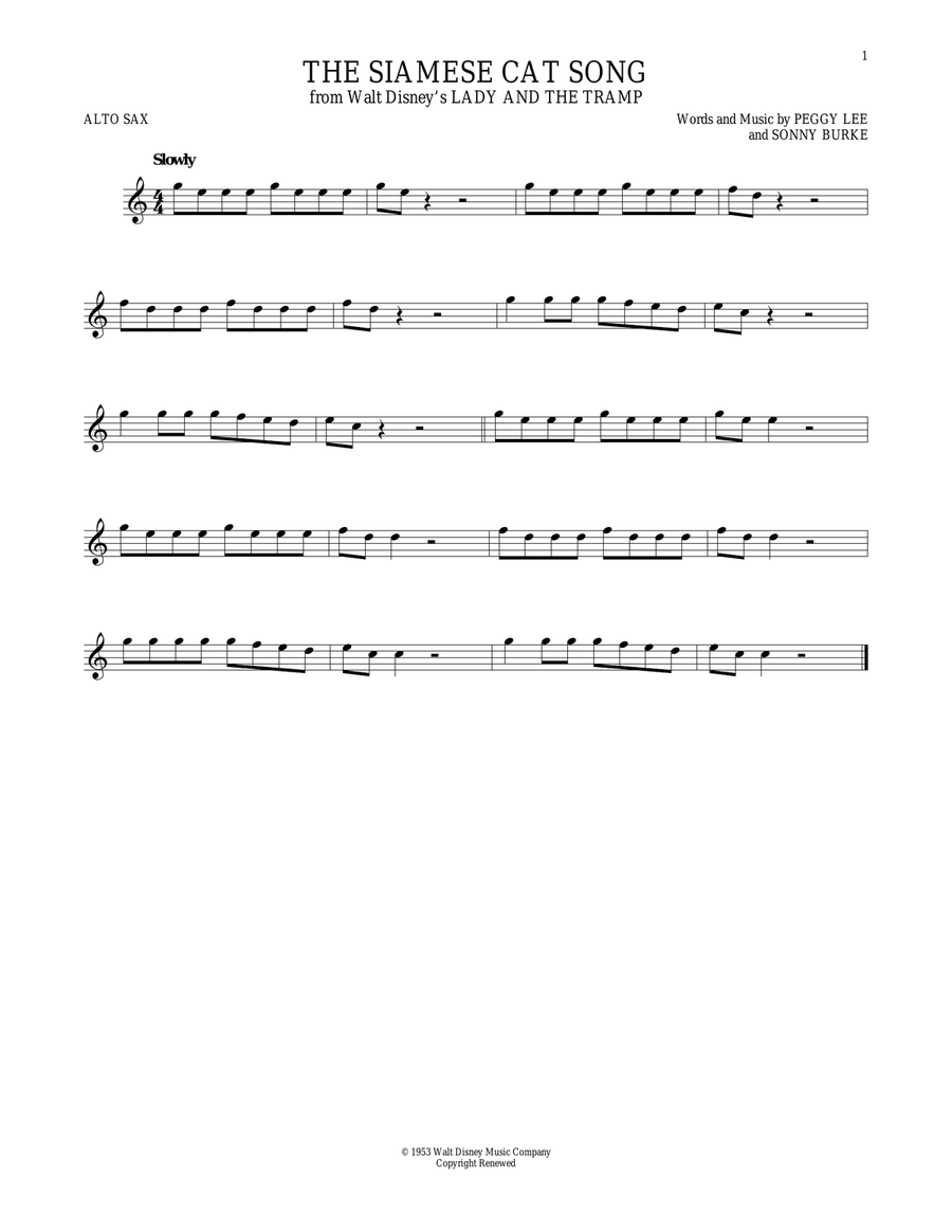 The Siamese Cat Song (from Lady And The Tramp) Alto Saxophone scores gallery preview page 1