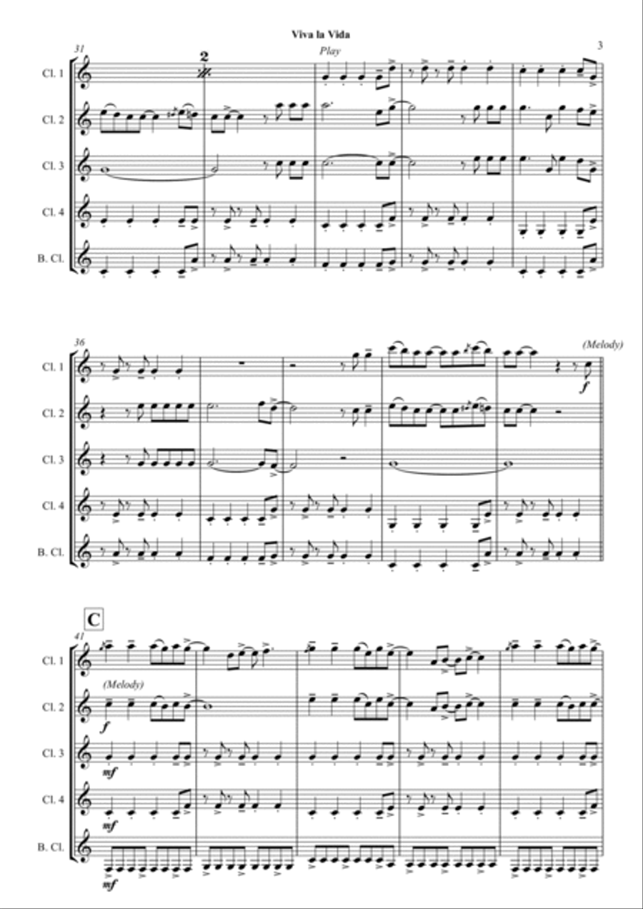 Viva La Vida Bass Clarinet scores gallery preview page 3