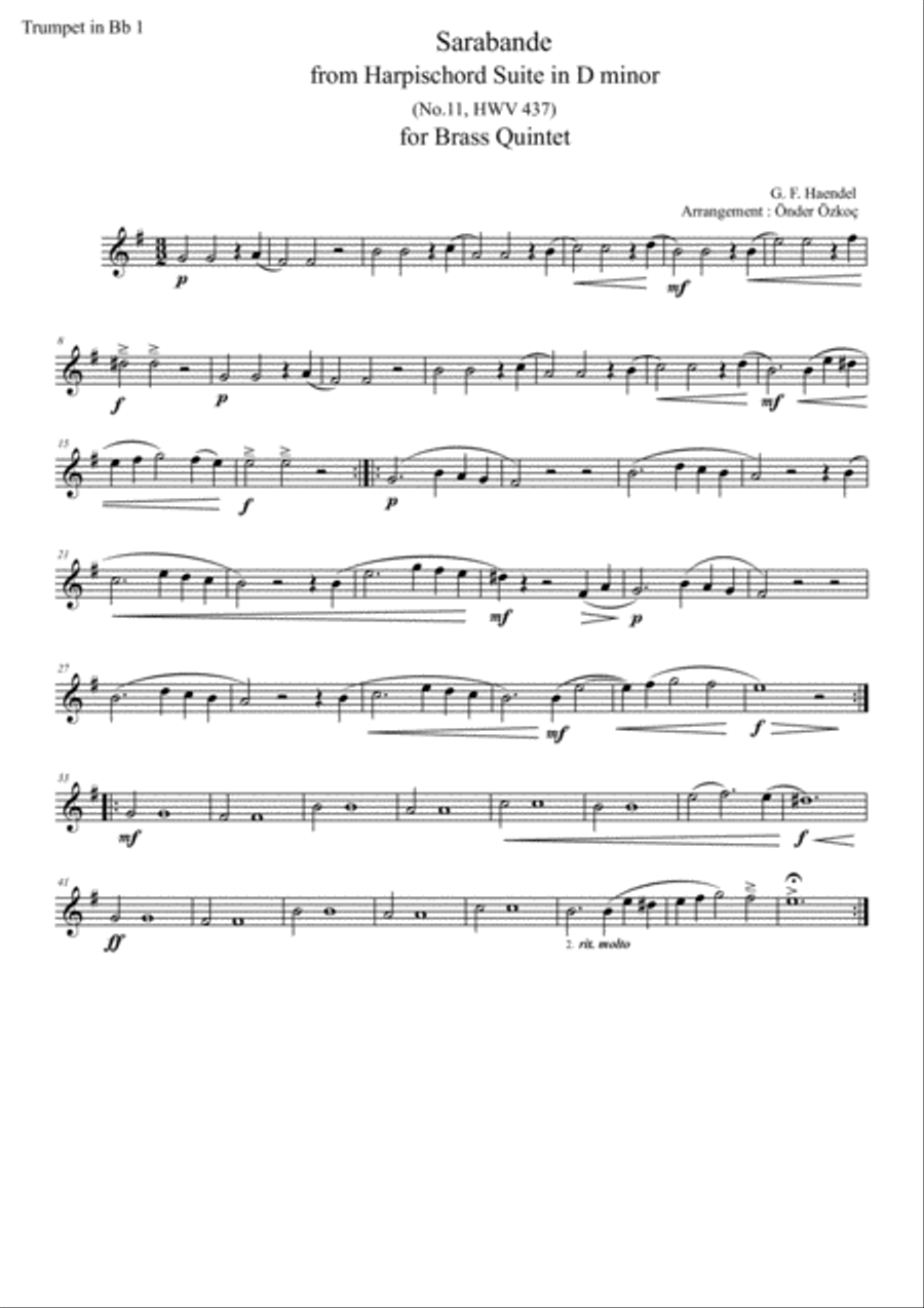Sarabande from G. F. Handel's Harpischord Suite in D minor, No. 11, HWV 437 Brass Ensemble scores gallery preview page 4