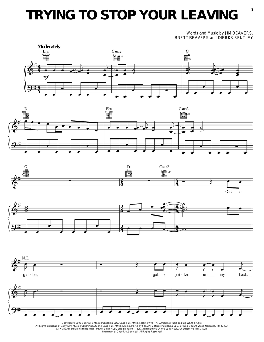 Trying To Stop Your Leaving Piano, Vocal, Guitar scores gallery preview page 1
