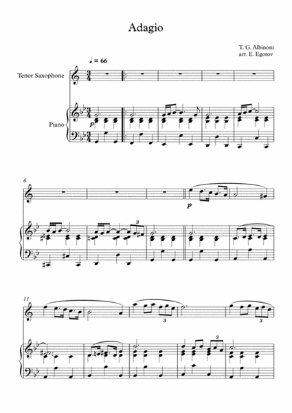 Adagio (In G Minor), Tomaso Giovanni Albinoni, For Tenor Saxophone & Piano image number null