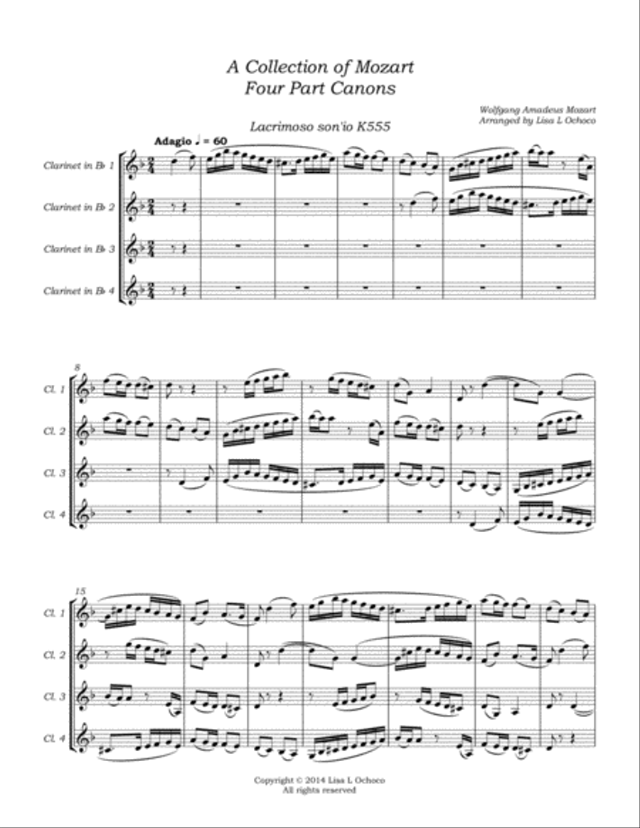 A Collection of Mozart Four Part Canons for Clarinet Quartet Clarinet Quartet scores gallery preview page 5