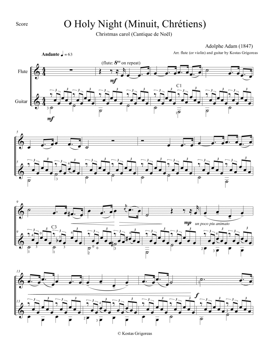 Minuit, Chretiens (O Holy Night) - Duo for flute (or violin) and guitar Flute scores gallery preview page 1