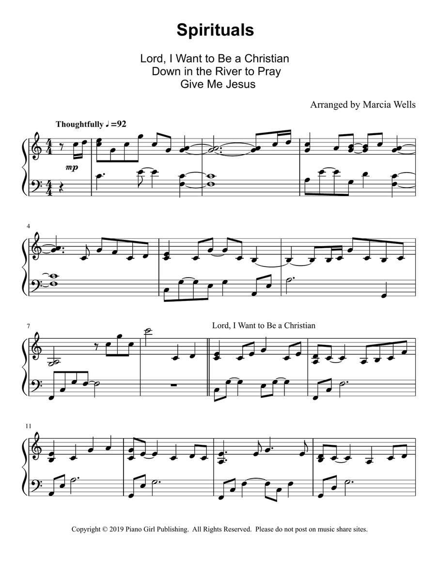 Spirituals: Lord I Want to Be a Christian, Down in the River to Pray, Give Me Jesus Piano Solo scores gallery preview page 2