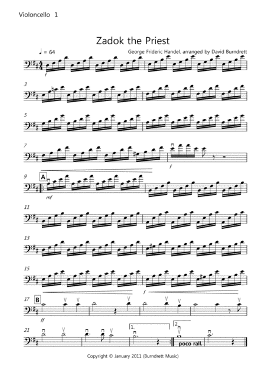 Zadok the Priest for Cello Quartet Cello Solo scores gallery preview page 3