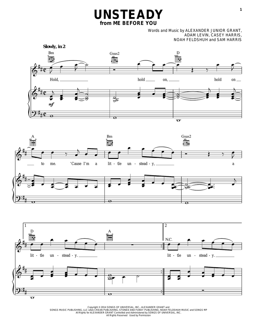 Unsteady Piano, Vocal, Guitar scores gallery preview page 1