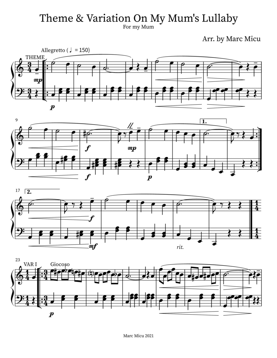Theme & Variation On My Mum's Lullaby Piano Solo scores gallery preview page 1
