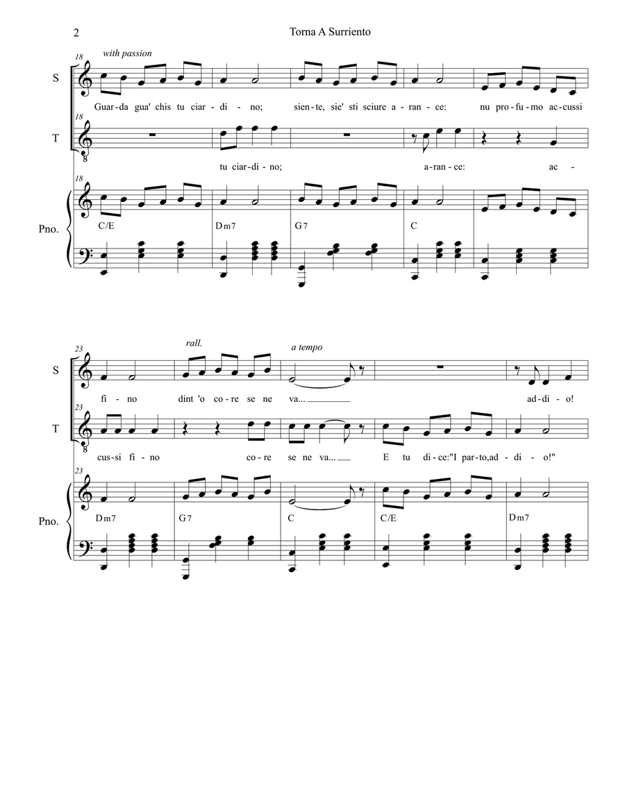 Torna A Surriento (Come Back to Sorrento) (Duet for Soprano & Tenor Solo) Tenor Voice scores gallery preview page 3