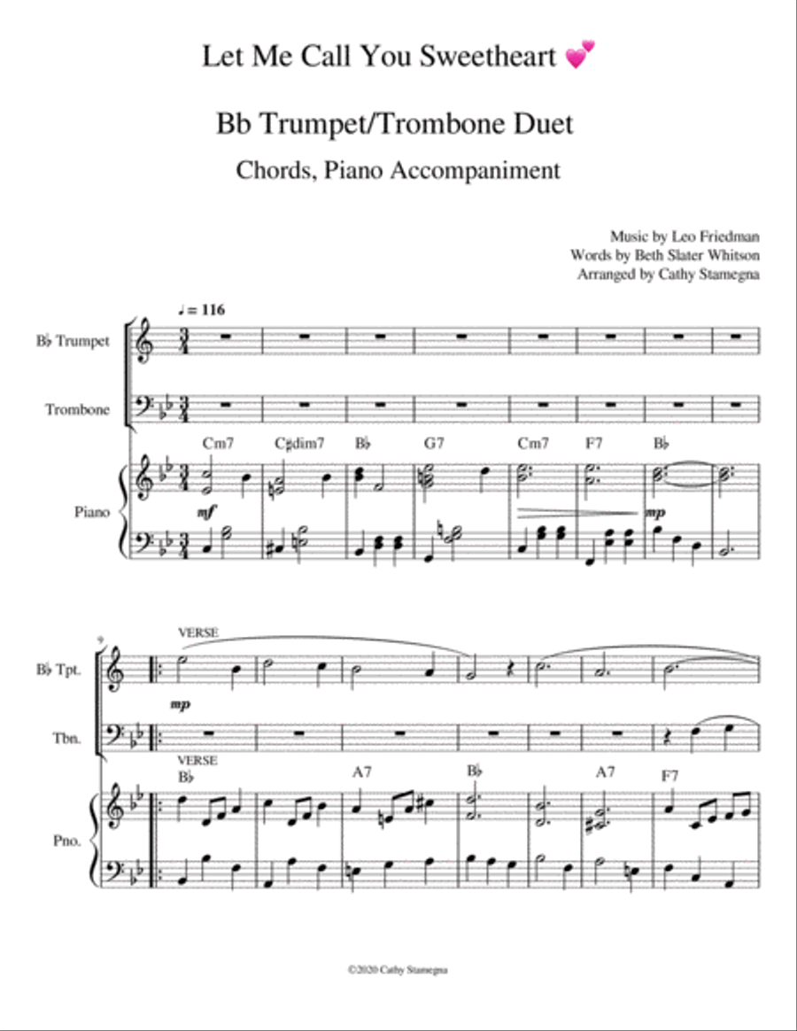 Let Me Call You Sweetheart (Bb Trumpet/Trombone Duet, Chords, Piano Accompaniment) Brass Duet scores gallery preview page 3
