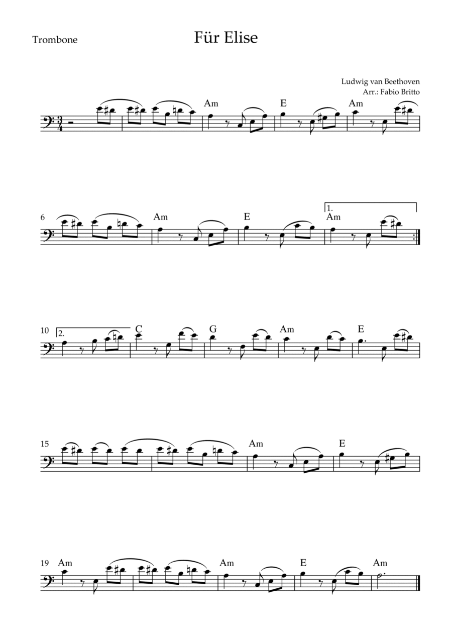 Für Elise (Beethoven) for Trombone Solo with Chords (Simplified) Trombone Solo scores gallery preview page 1