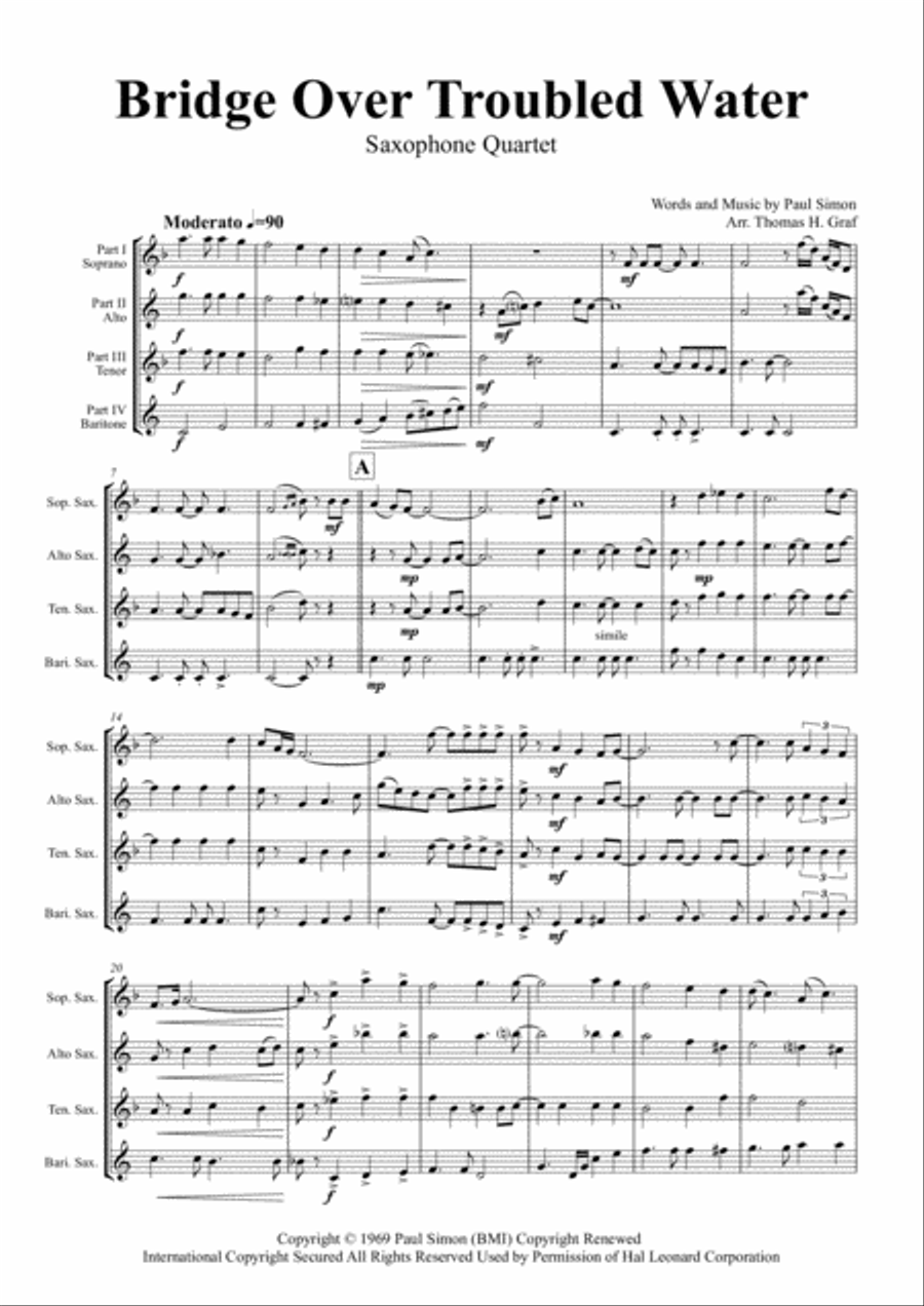 Bridge Over Troubled Water Saxophone Quartet scores gallery preview page 1