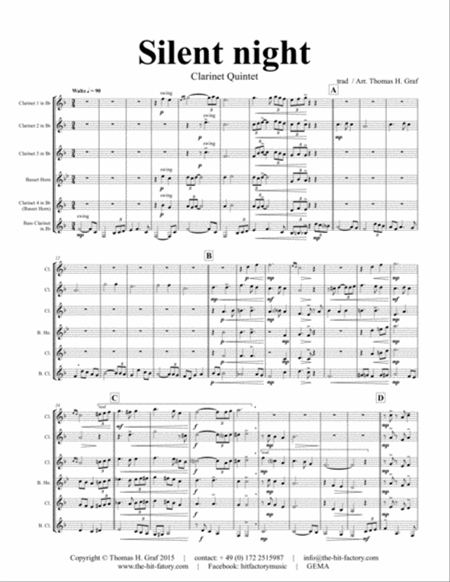 Silent Night - Stille Nacht - Jazz Waltz - Clarinet Quintet Clarinet Quintet scores gallery preview page 1