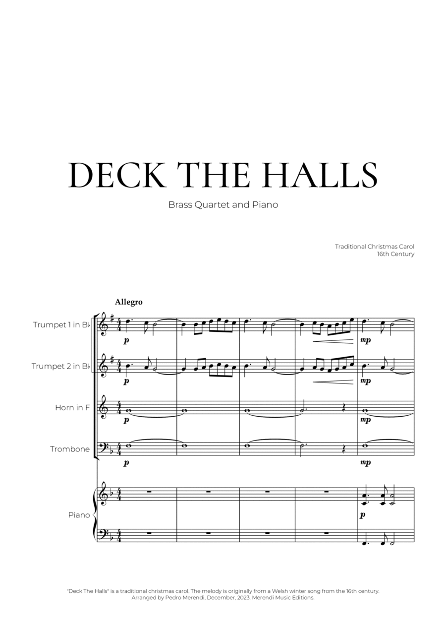 Deck The Halls (Brass Quartet and Piano) - Christmas Carol Brass Quartet scores gallery preview page 1