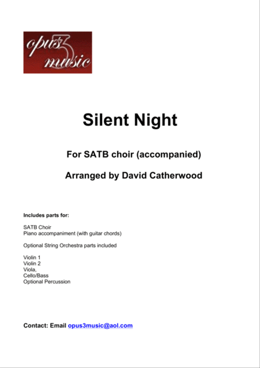 Silent Night for SATB Choir with Piano accompaniment and optional String Quartet/Orchestra and Perc. 4-Part scores gallery preview page 1