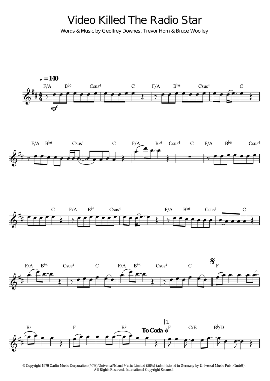 Video Killed The Radio Star Saxophone Solo scores gallery preview page 1