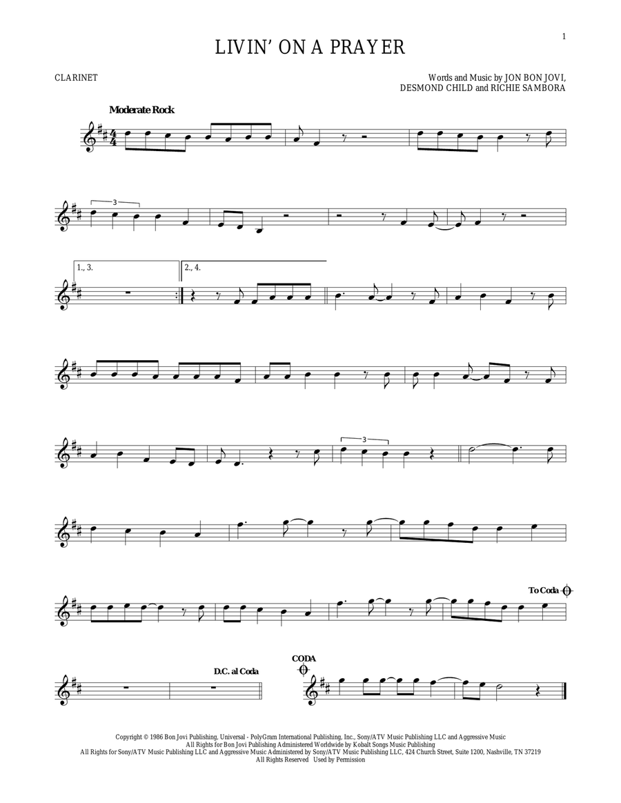 Livin' On A Prayer Clarinet Solo scores gallery preview page 1