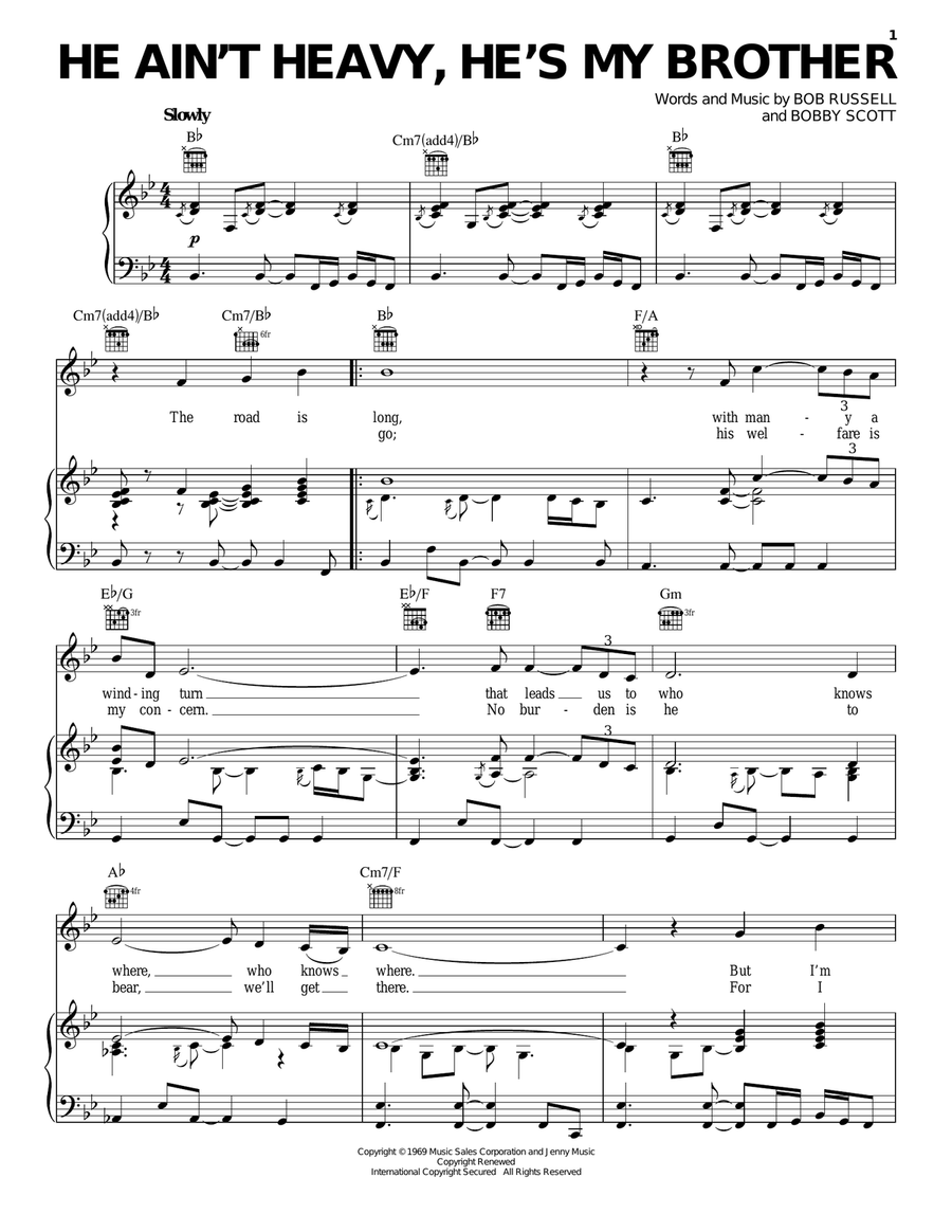 He Ain't Heavy, He's My Brother Piano, Vocal, Guitar scores gallery preview page 1