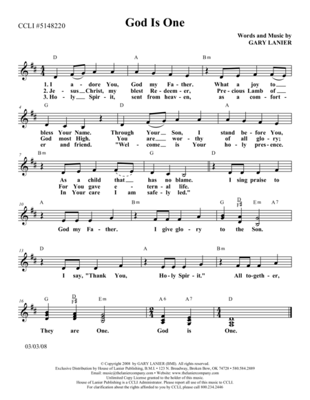 GOD IS ONE (Lead Sheet with mel, lyrics and chords) image number null