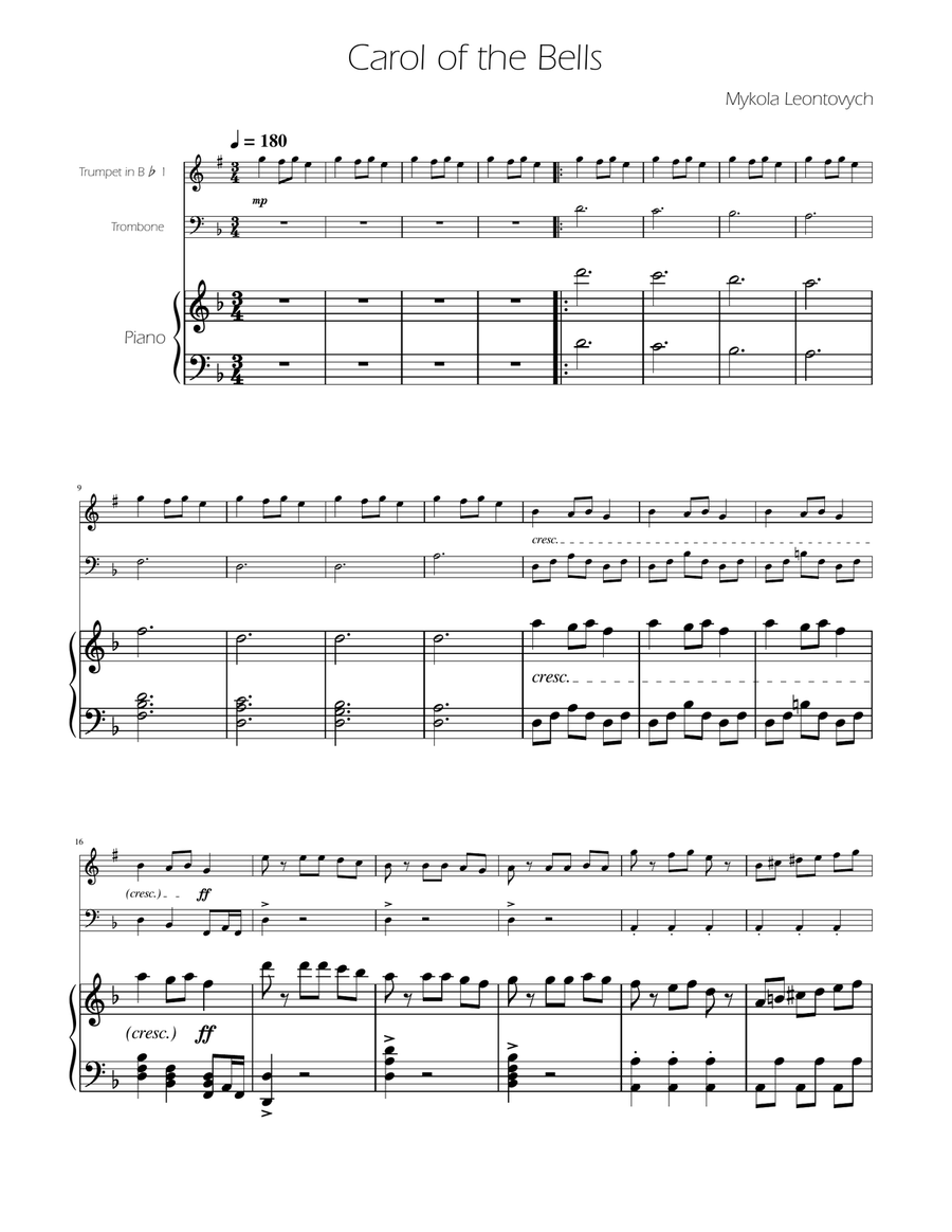 Carol of The Bells - Trumpet and Trombone Duet Brass Duet scores gallery preview page 1