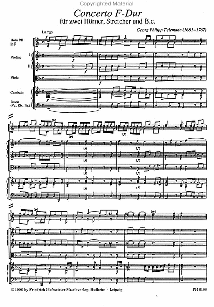 Concerto F-Dur fur zwei Horner, Streicher und B.c./ Partitur