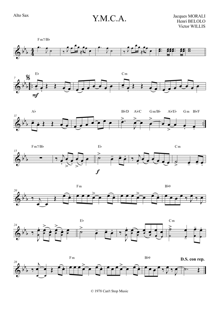 Y.m.c.a. Y.m.c.a. Alto Saxophone scores gallery preview page 1