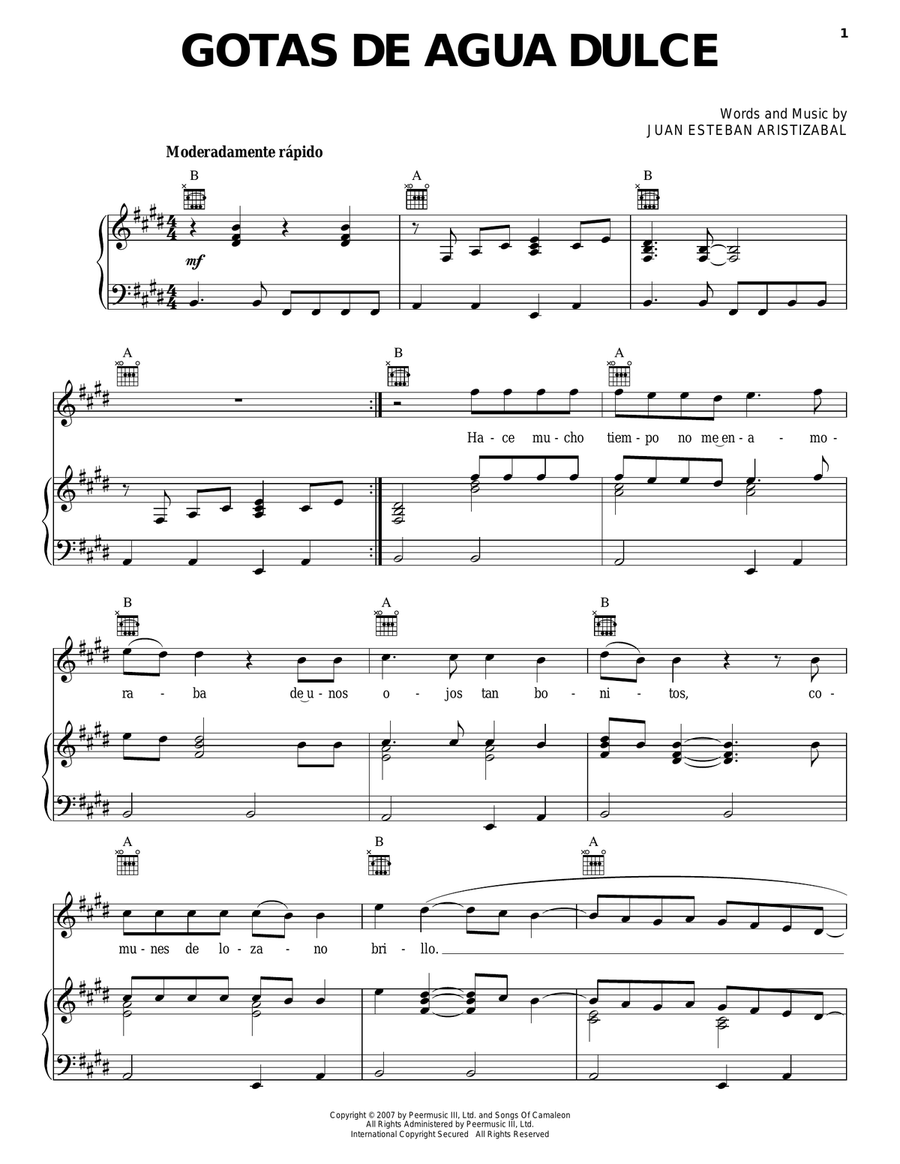 Gotas De Agua Dulce Piano, Vocal, Guitar scores gallery preview page 1