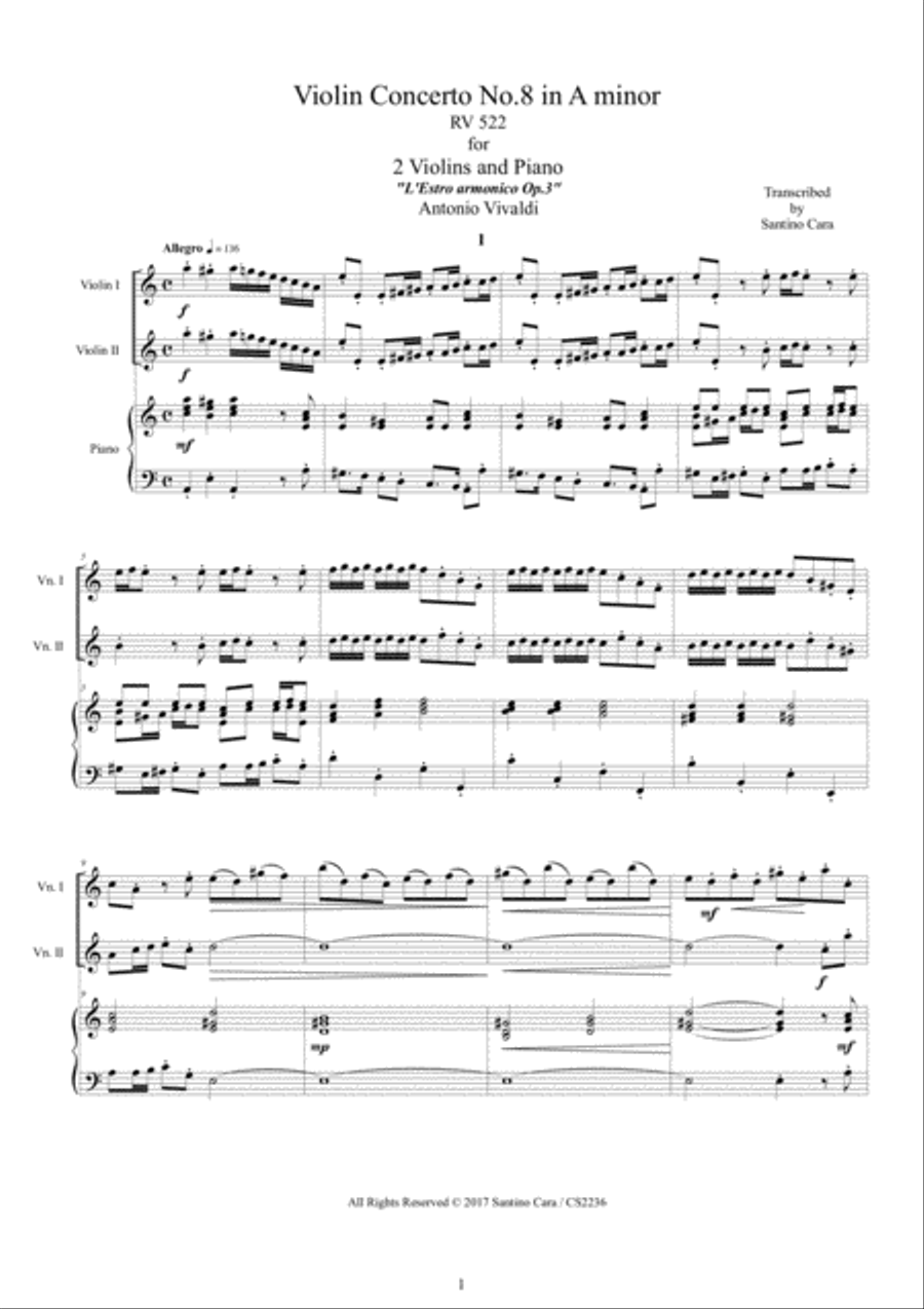 Vivaldi - Violin Concerto No.8 in A minor RV 522 Op.3 for Two Violins and Piano Violin Solo scores gallery preview page 1
