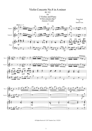 Book cover for Vivaldi - Violin Concerto No.8 in A minor RV 522 Op.3 for Two Violins and Piano
