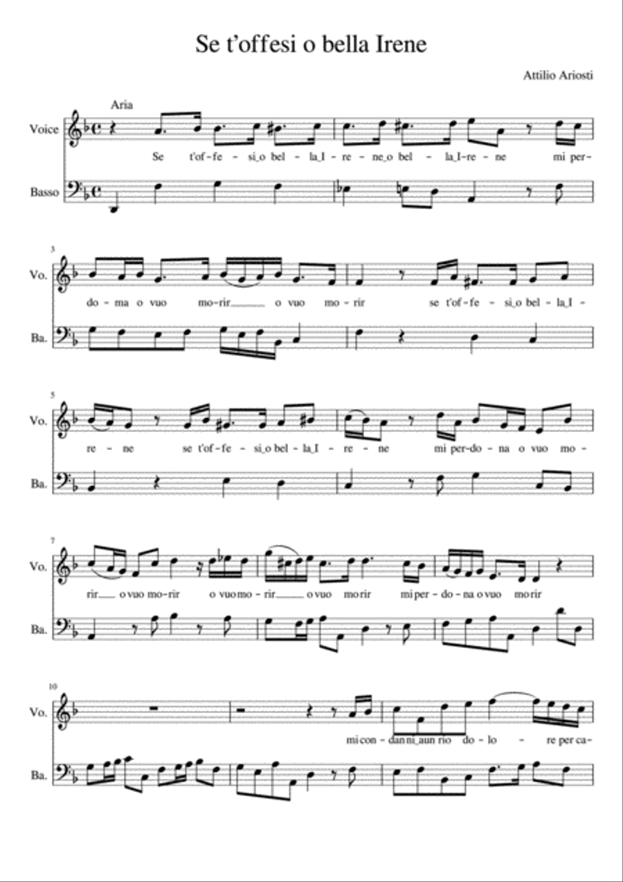 Se t’offesi o bella Irene Complete Score with Parts Small Ensemble scores gallery preview page 1