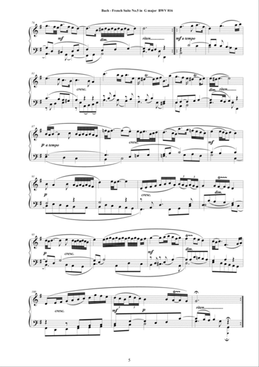 Bach - French Suite No.5 in G major BWV 816 for Piano Piano Solo scores gallery preview page 5