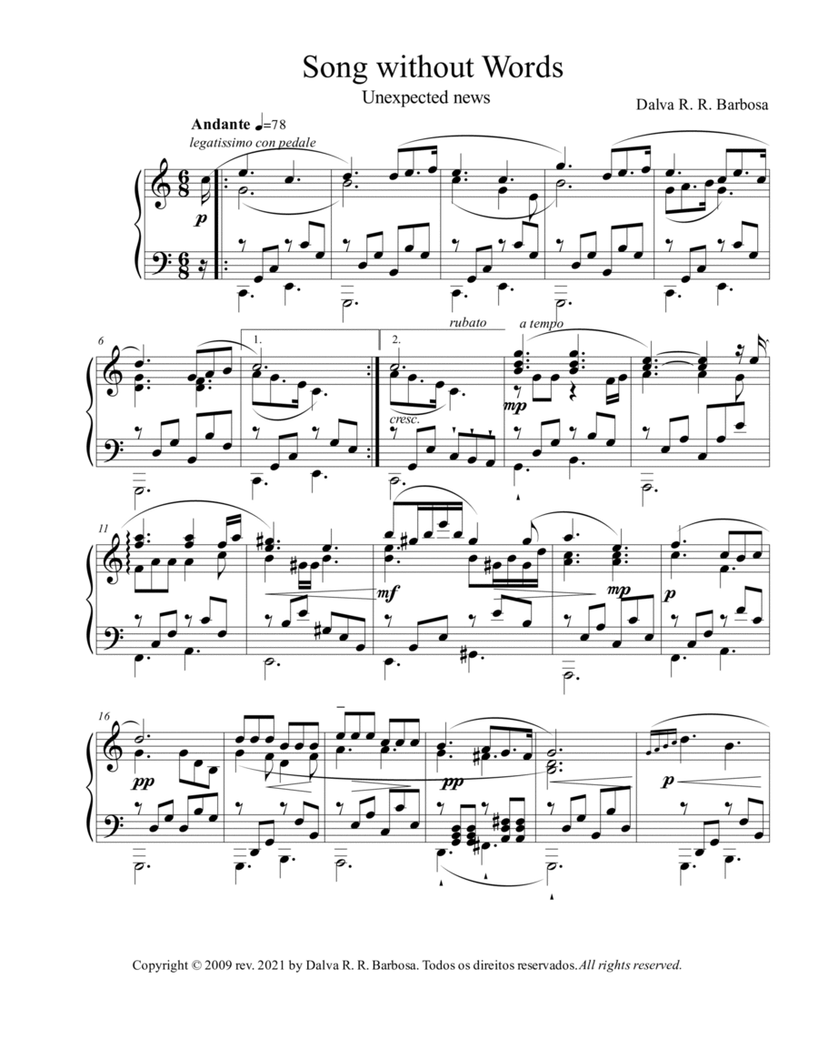 Song without words: Unexpected News Piano Solo scores gallery preview page 1