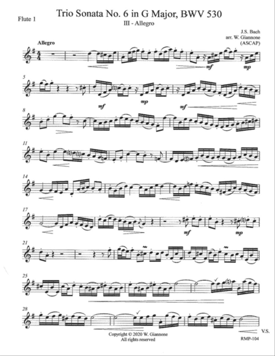 Bach - Trio Sonata No. 6 in G Major (BWV 530) - parts: flutes1-2-3 and alto Woodwind Trio scores gallery preview page 6
