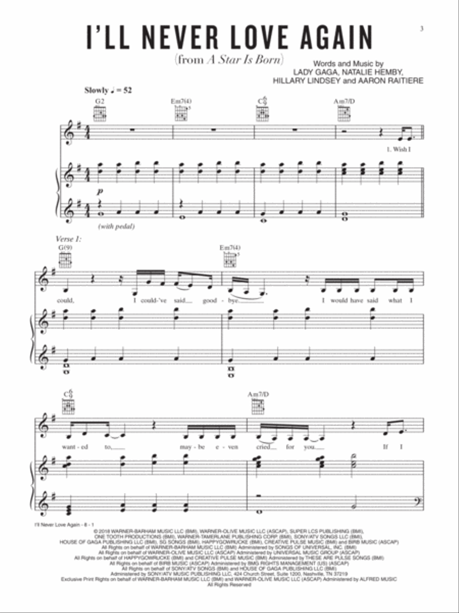 I'll Never Love Again Piano, Vocal, Guitar scores gallery preview page 2