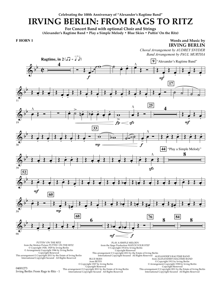 Irving Berlin: From Rags To Ritz - F Horn 1 Concert Band scores gallery preview page 1